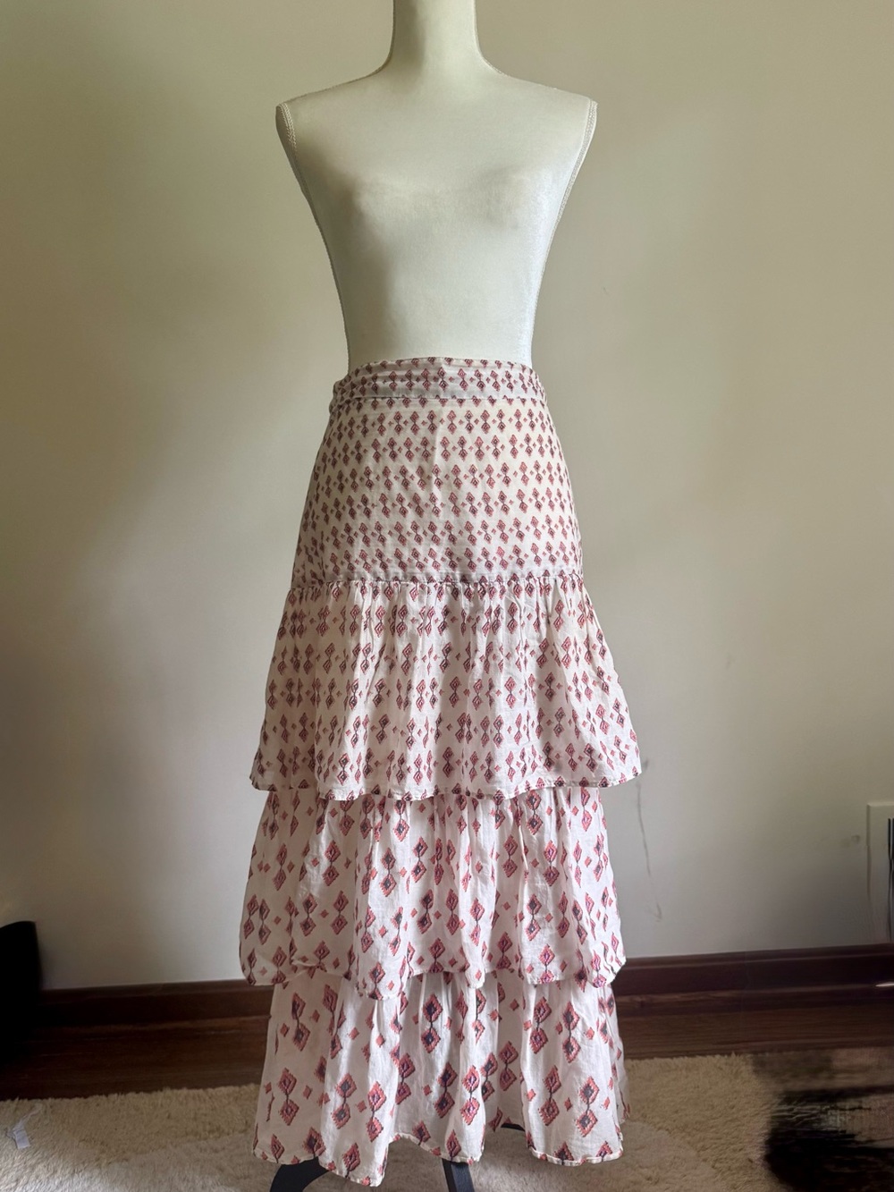 Free People Cream Maxi Skirt with Pink Diamond Motif